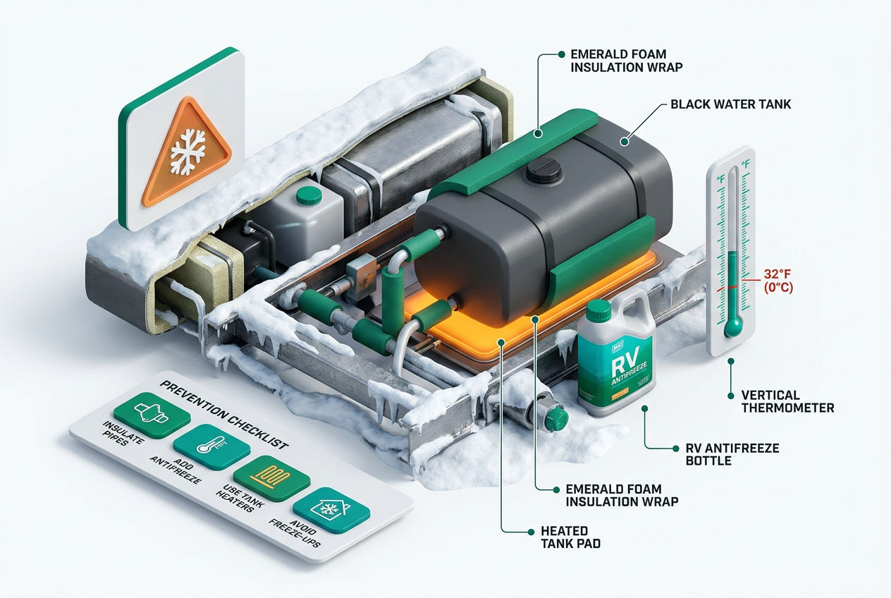 Isometric cold-weather RV black tank diagram showing insulation wrap, tank heater pad, antifreeze treatment, and freeze risk temperature gauge.
