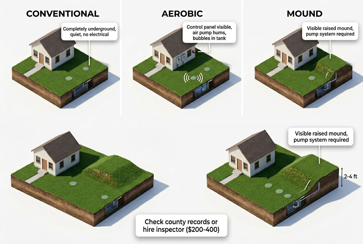 3D visual guide showing above-ground clues to identify conventional, aerobic, and mound septic system types
