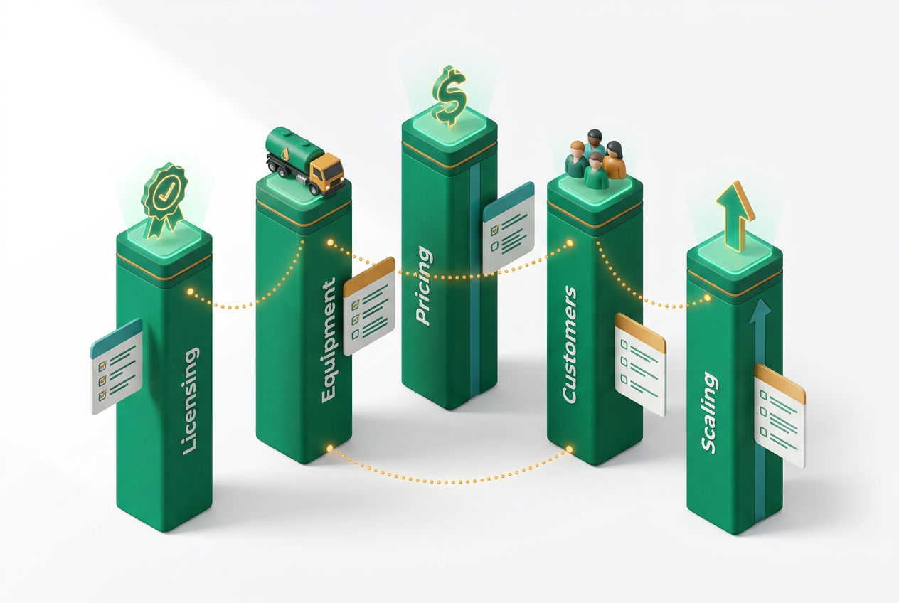 3D isometric overview of septic business pillars: licensing, equipment, customers, pricing, and growth icons in emerald green.