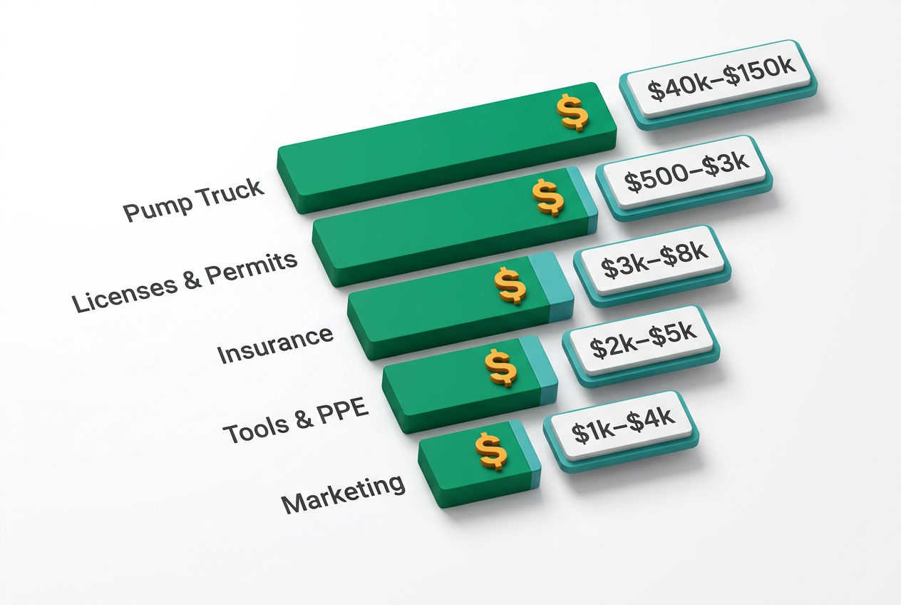 Isometric horizontal bar chart showing septic business startup cost categories: truck, licenses, insurance, tools, and marketing in emerald and amber.
