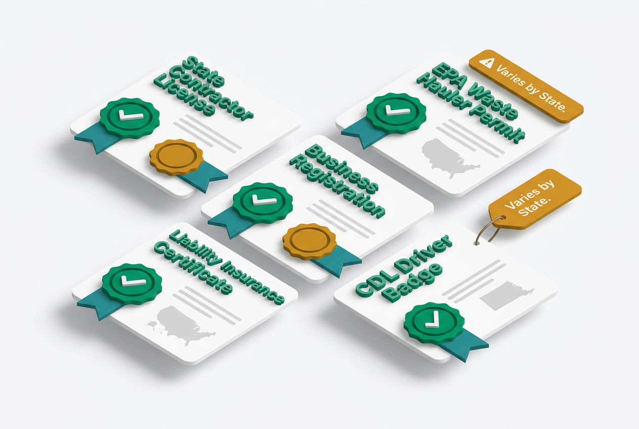 3D isometric checklist panel showing state license, EPA permit, business registration, insurance certificate, and CDL badge icons.