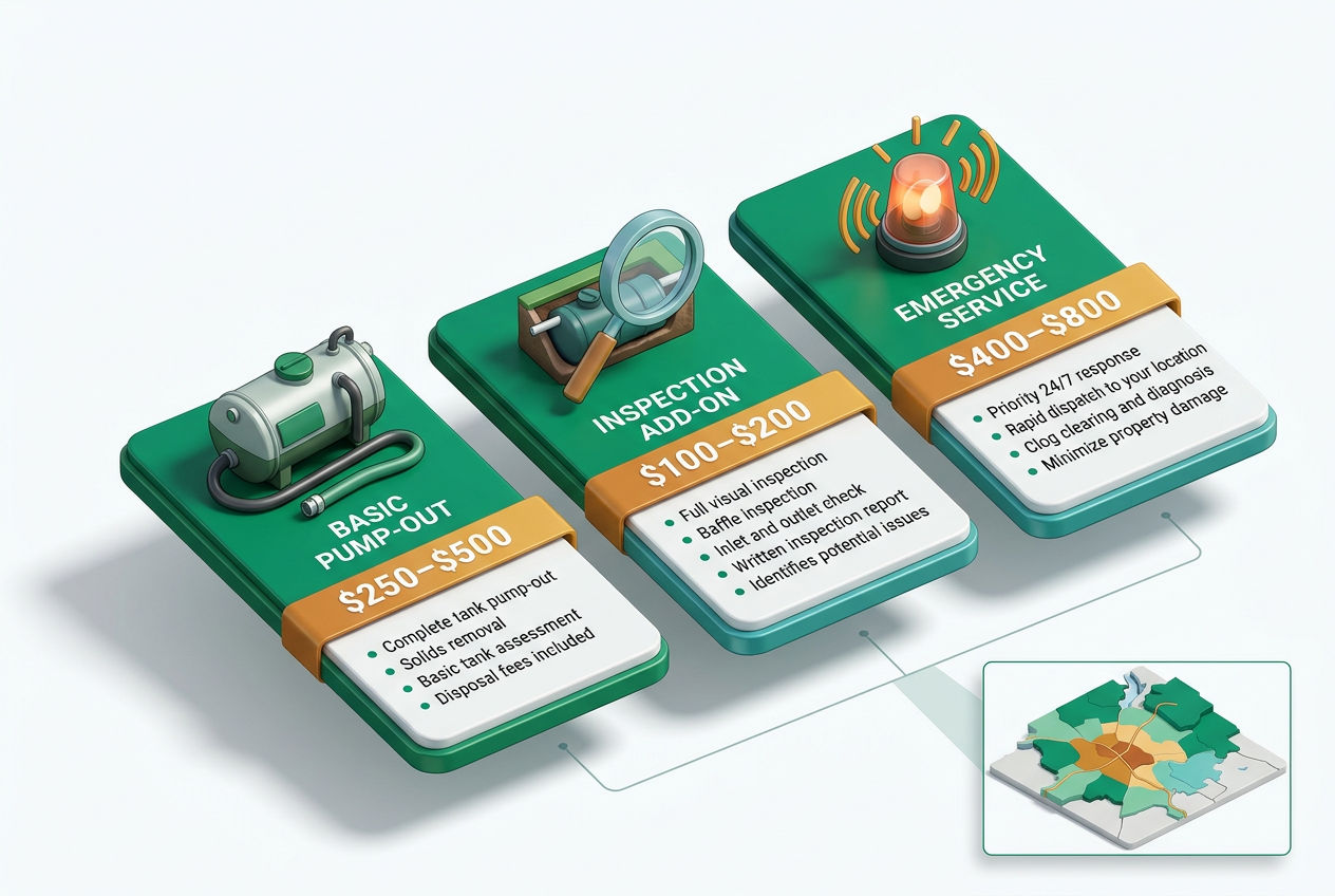 3D floating pricing tier cards for septic pumping: basic pump-out, inspection add-on, and emergency service with cost ranges and icons.