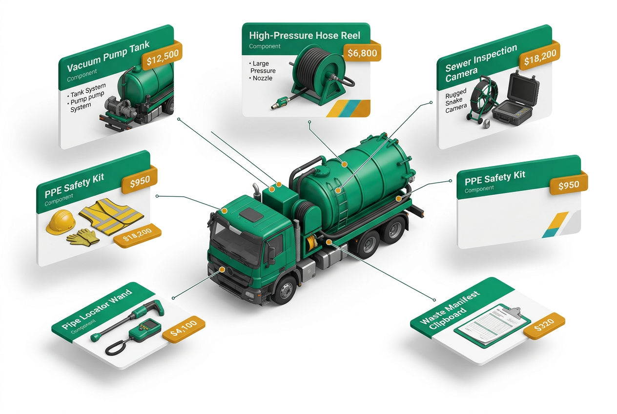 Isometric exploded-view diagram of [septic truck](/blog/septic-truck-guide/) and essential tools: vacuum pump, hose reel, inspection camera, PPE kit, and locator wand.