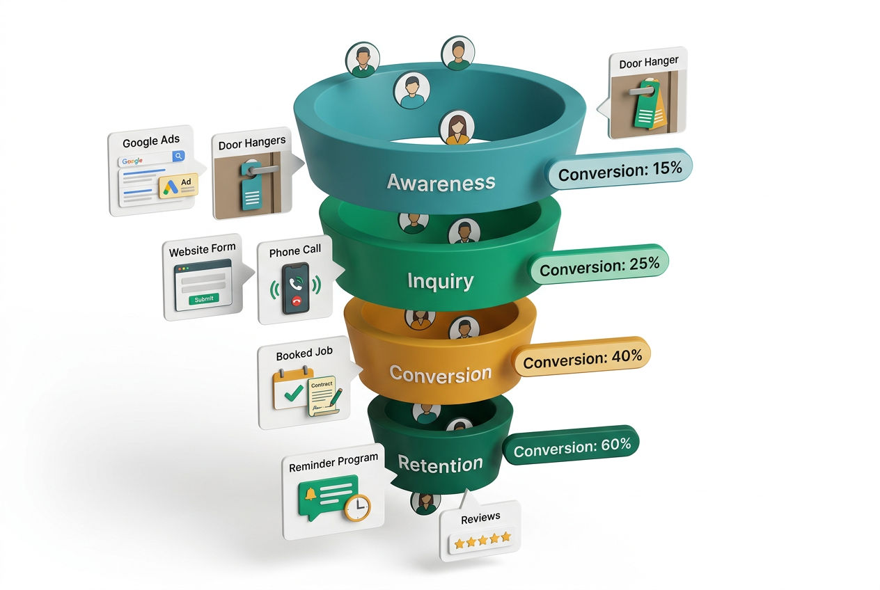 3D isometric marketing funnel for septic business showing Google ads, door hangers, referrals, repeat bookings, and review generation steps.