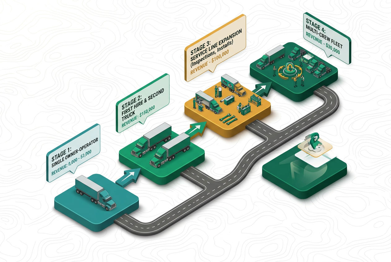 Isometric roadmap showing septic business growth stages: one truck, second truck hire, service expansion, and franchise or fleet milestone markers.