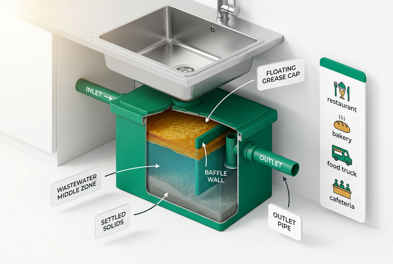 3D isometric cutaway of a commercial grease trap showing FOG separation layers, inlet, outlet, and grease cap inside a restaurant kitchen.