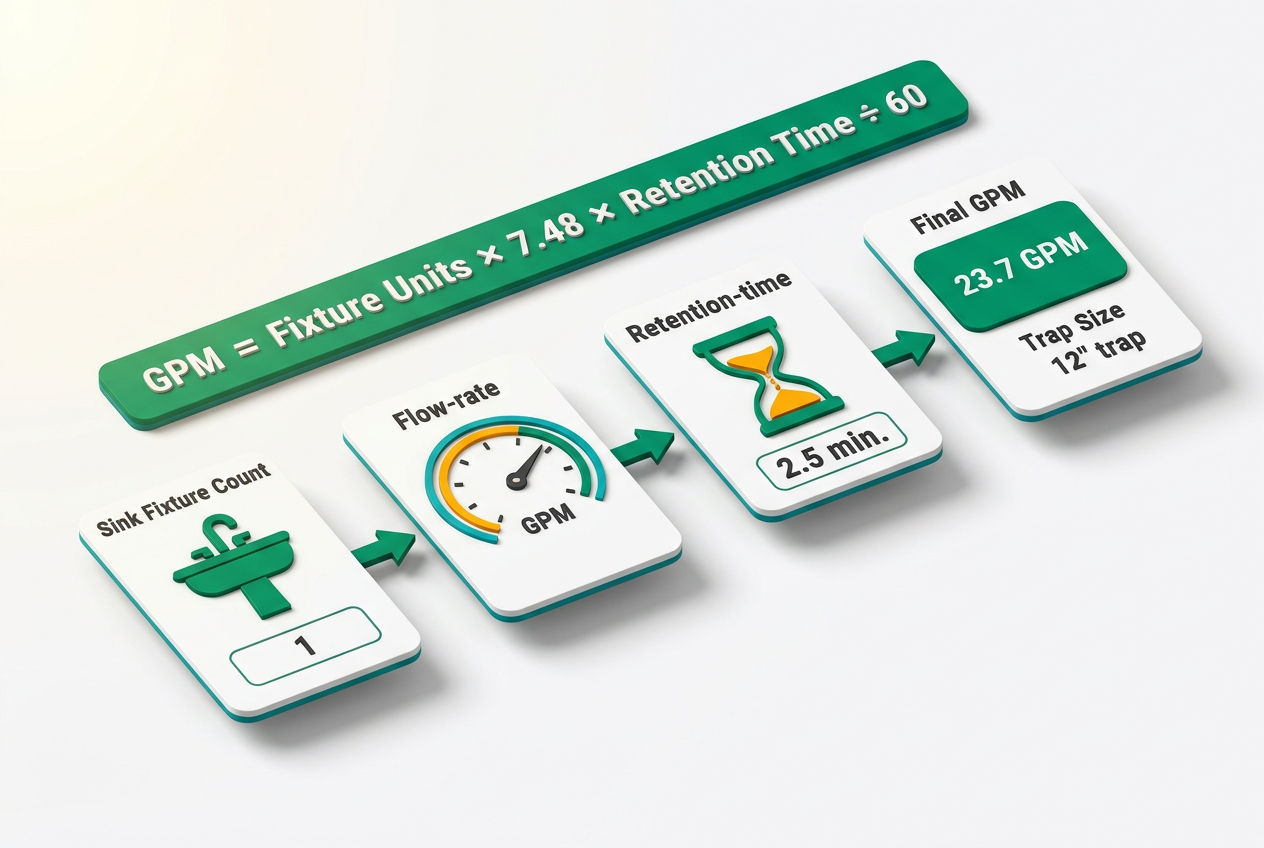 Isometric step-by-step flow diagram illustrating the PDI grease trap sizing formula with fixture count, flow rate, and retention time variables.