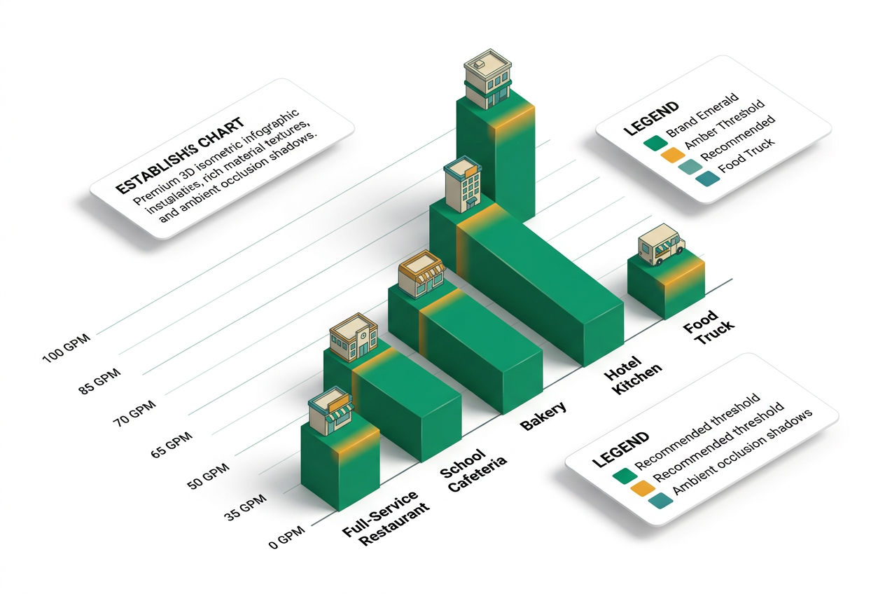 Isometric bar chart comparing commercial grease trap sizes in gallons across restaurant, cafeteria, bakery, hotel kitchen, and food truck establishmen