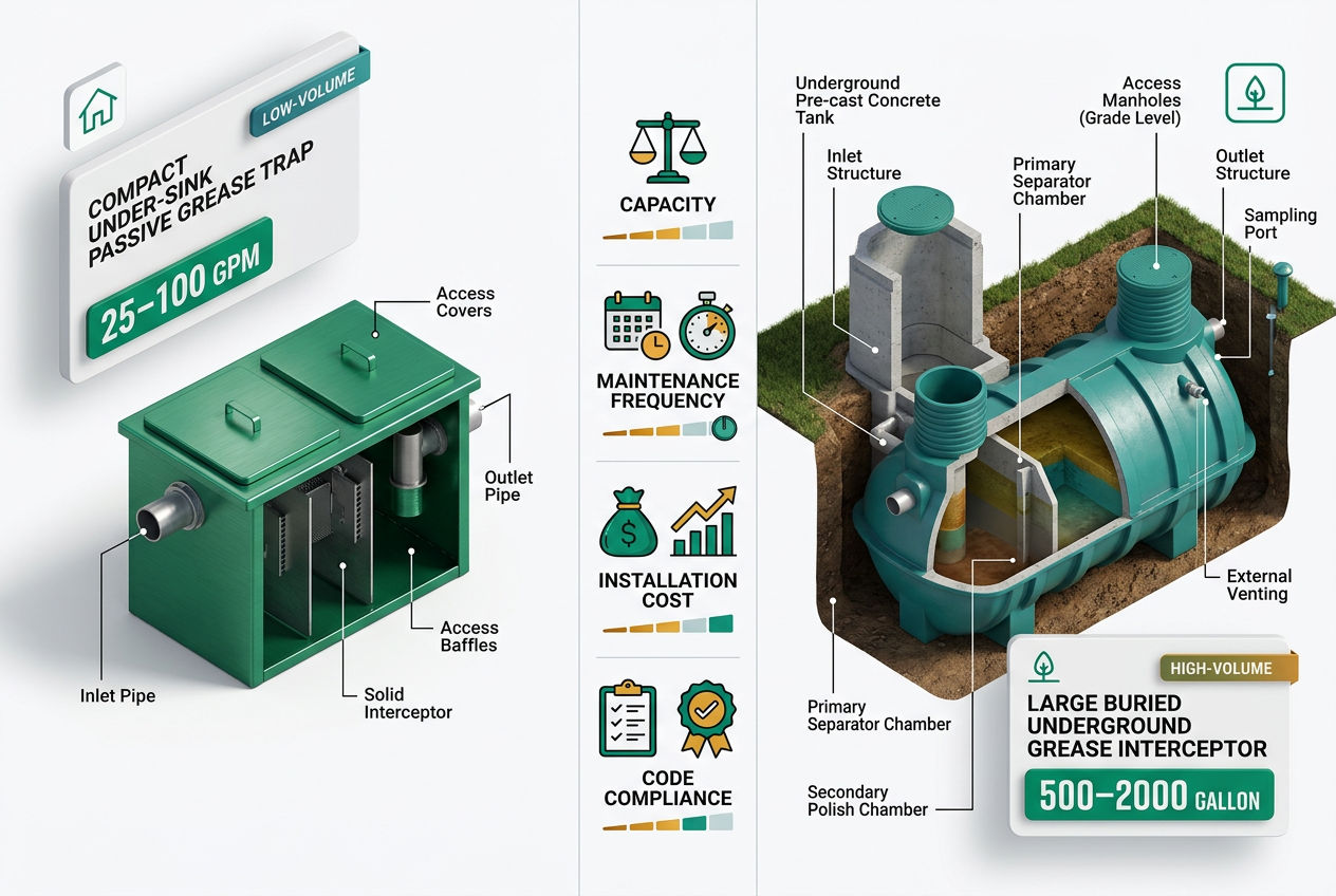 Side-by-side isometric comparison of an under-sink passive grease trap versus a large underground grease interceptor with size, flow, and cost labels.