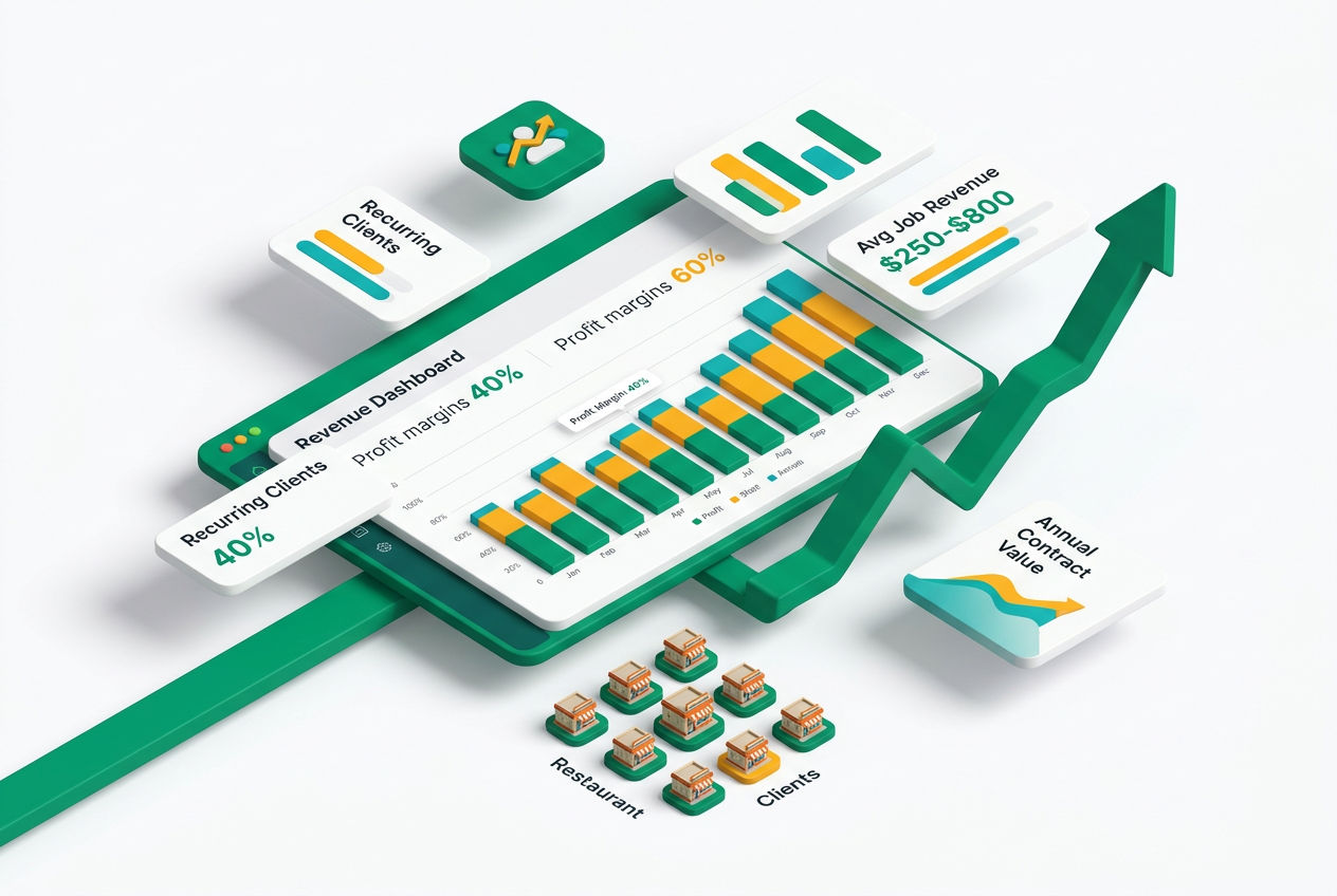 Isometric dashboard showing grease trap business profit margins, recurring revenue bars, and ROI comparison cards.