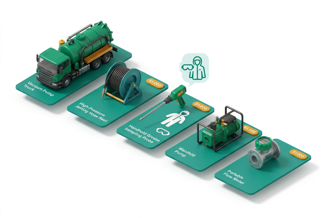 Isometric cutaway lineup of vacuum truck, jetting hose, grease trap tools, PPE gear, and manifold pump with labeled callouts.