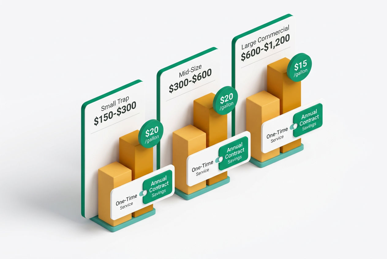 Isometric pricing comparison showing three service tiers with cost bars, per-gallon rates, and contract vs one-time job fee cards.