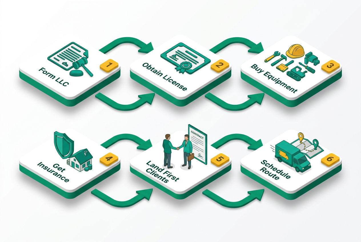 Isometric step-by-step launch flow with six numbered floating panels: license, LLC, equipment, insurance, clients, first job.