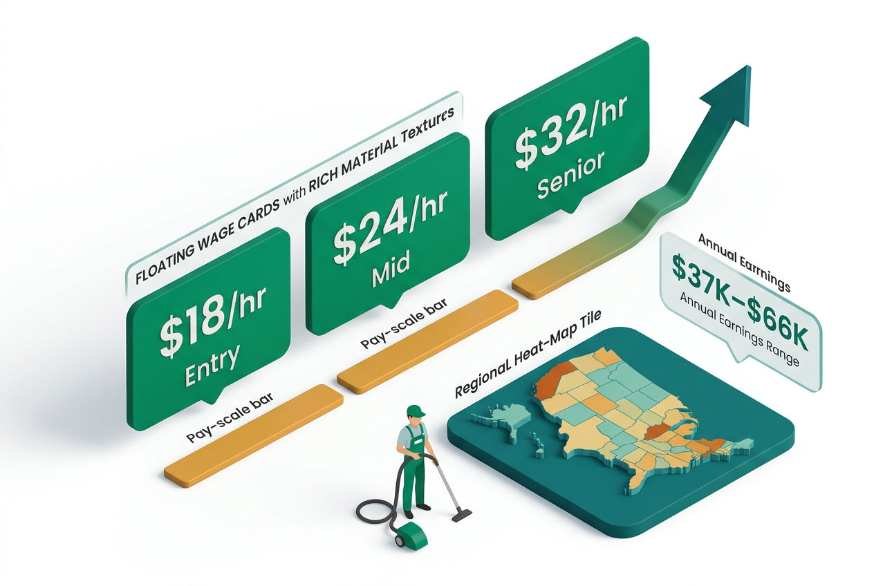3D isometric infographic showing porta potty cleaner hourly wages, annual salary ranges, and regional pay tiers with comparison bars.