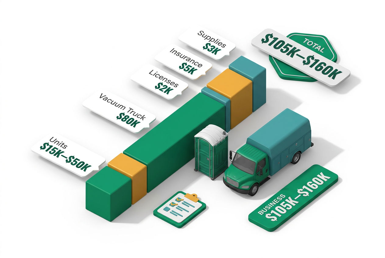 Isometric cost breakdown showing porta potty units, service truck, licenses, and equipment with stacked budget bars and total launch cost callout.