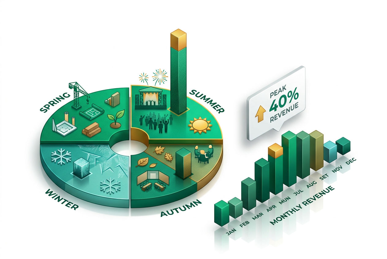 Isometric seasonal demand infographic with quarterly revenue arcs, event icons for summer peak and winter trough, and monthly booking volume bars.