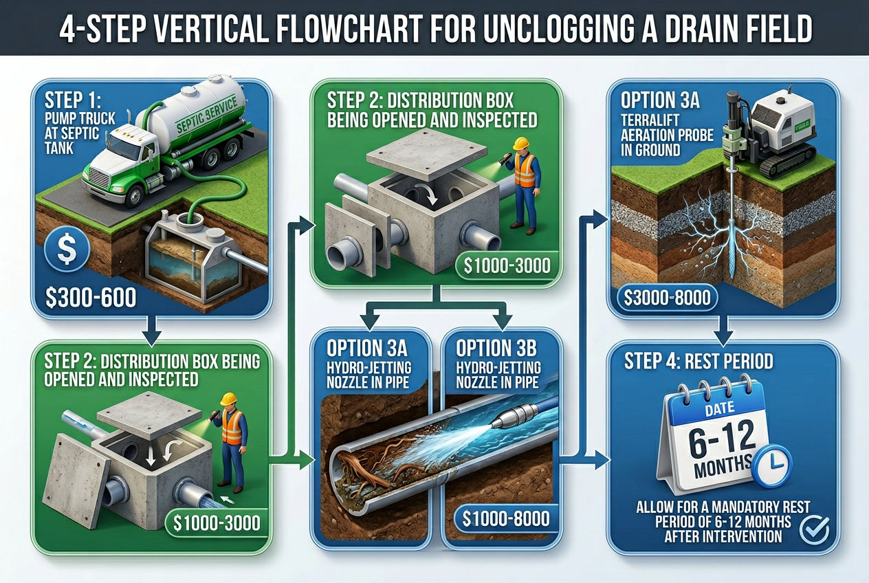 Four-step flowchart for unclogging a septic drain field from tank pumping through professional jetting and aeration to rest period