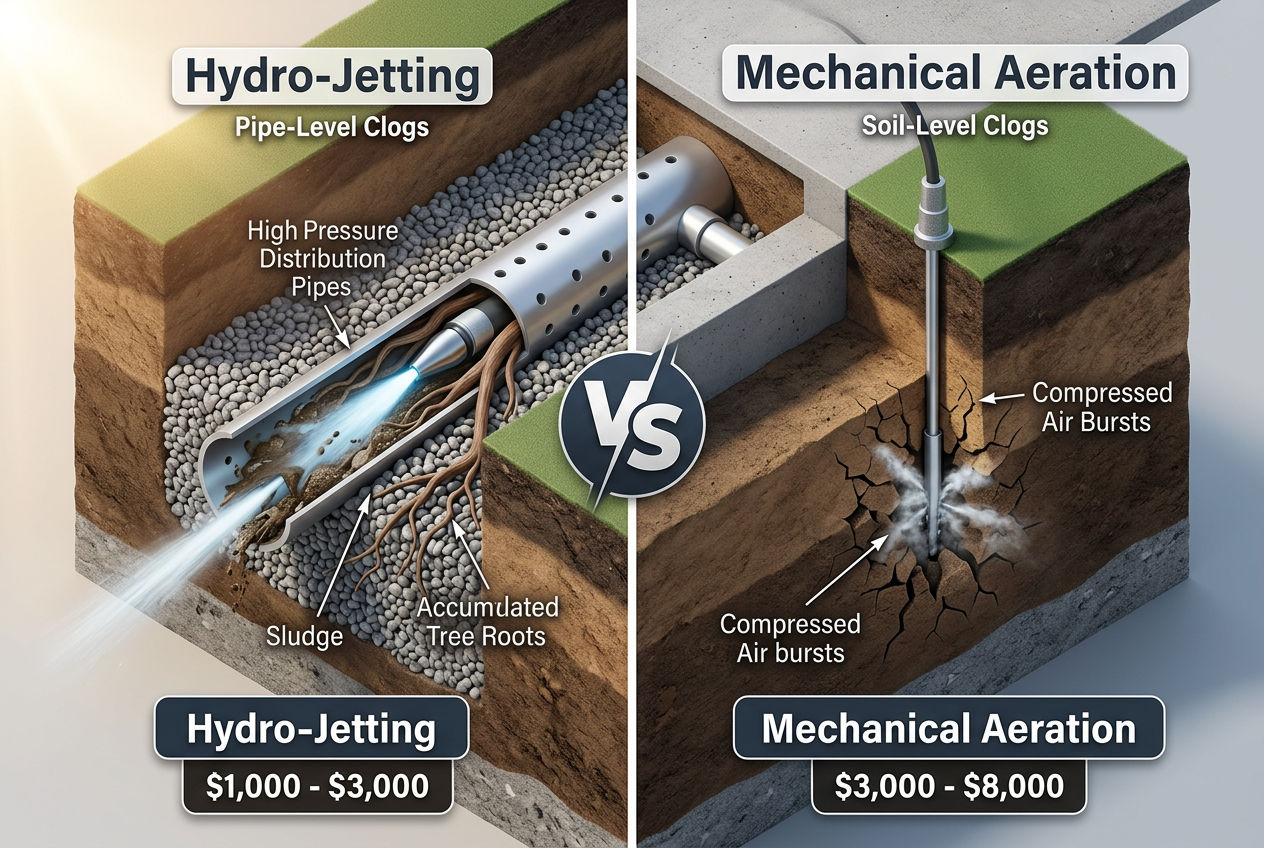 Comparison of hydro-jetting for pipe-level clogs versus mechanical aeration for soil-level clogs in drain field unclogging