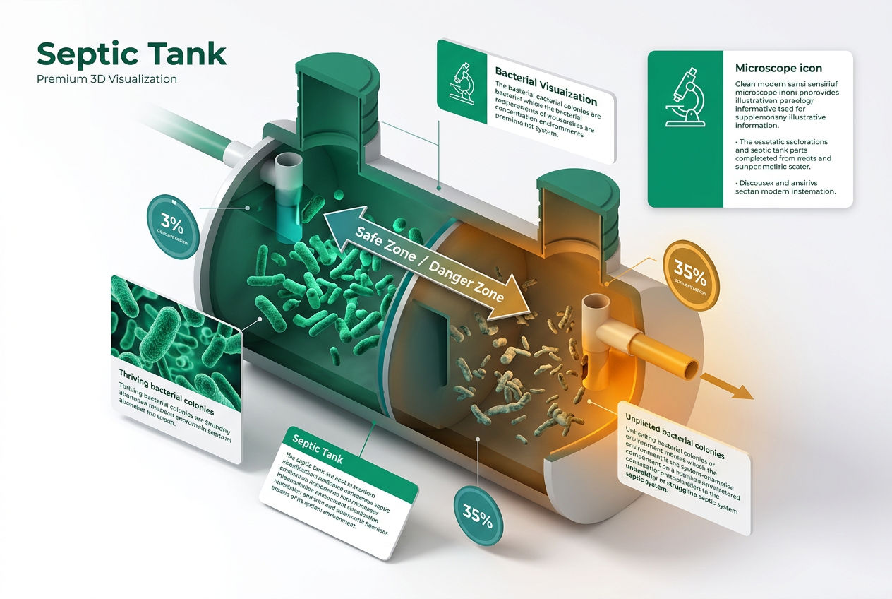 3D isometric diagram showing septic tank bacteria colonies at safe vs harmful hydrogen peroxide concentration levels with threshold indicators.
