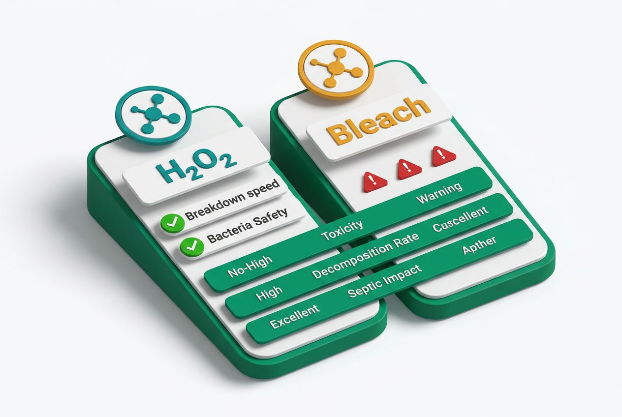 Side-by-side 3D isometric comparison panels rating hydrogen peroxide versus bleach on bacteria impact, breakdown speed, and septic safety.