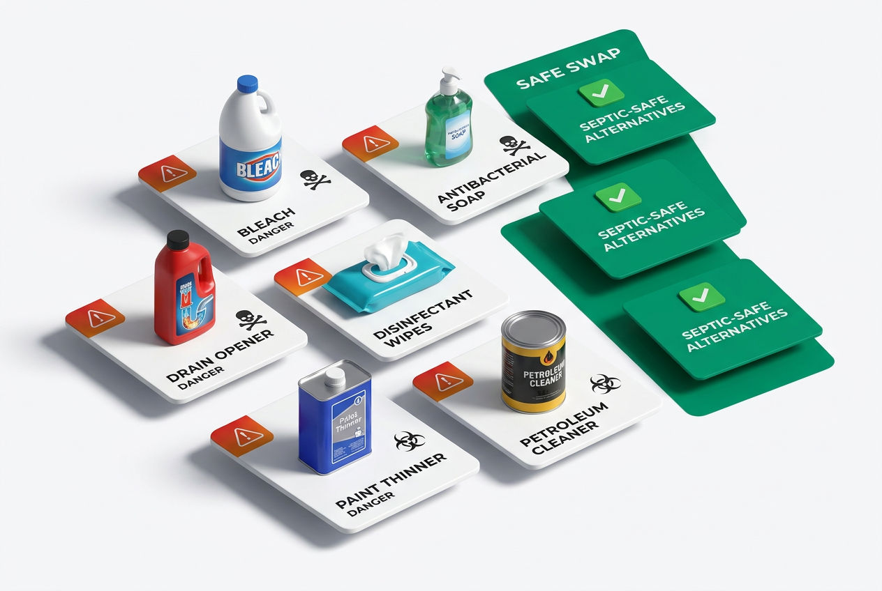 3D isometric grid of household cleaning products flagged as septic-unsafe, with red warning icons, product category labels, and a safe-alternatives pa