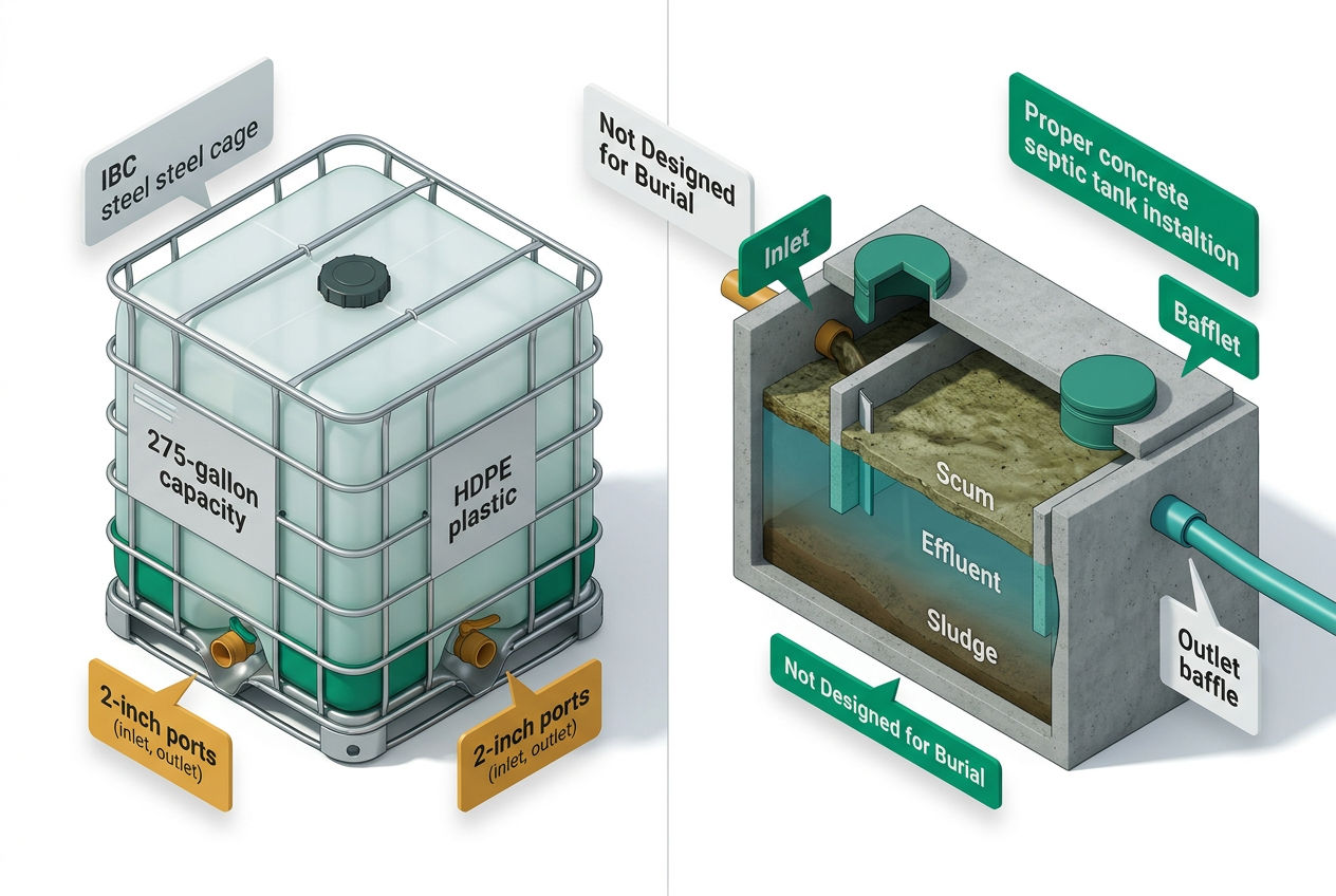 3D isometric cutaway comparing IBC tote structure to a proper septic tank, showing plastic walls, steel cage, and labeled wastewater layers.