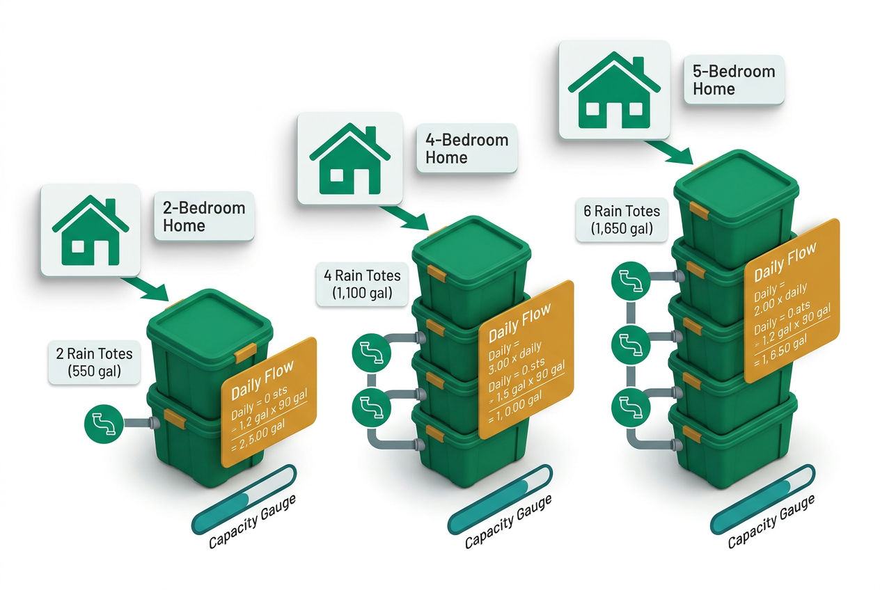 Isometric flow diagram showing 2-to-6 IBC totes needed per household size with gallon-capacity math cards and pipe connection icons.