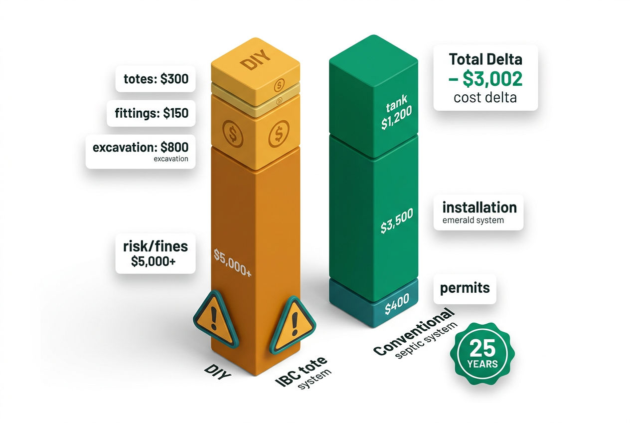 3D isometric bar chart comparing IBC tote DIY costs with permit-fine risks against conventional septic tank total installation costs.