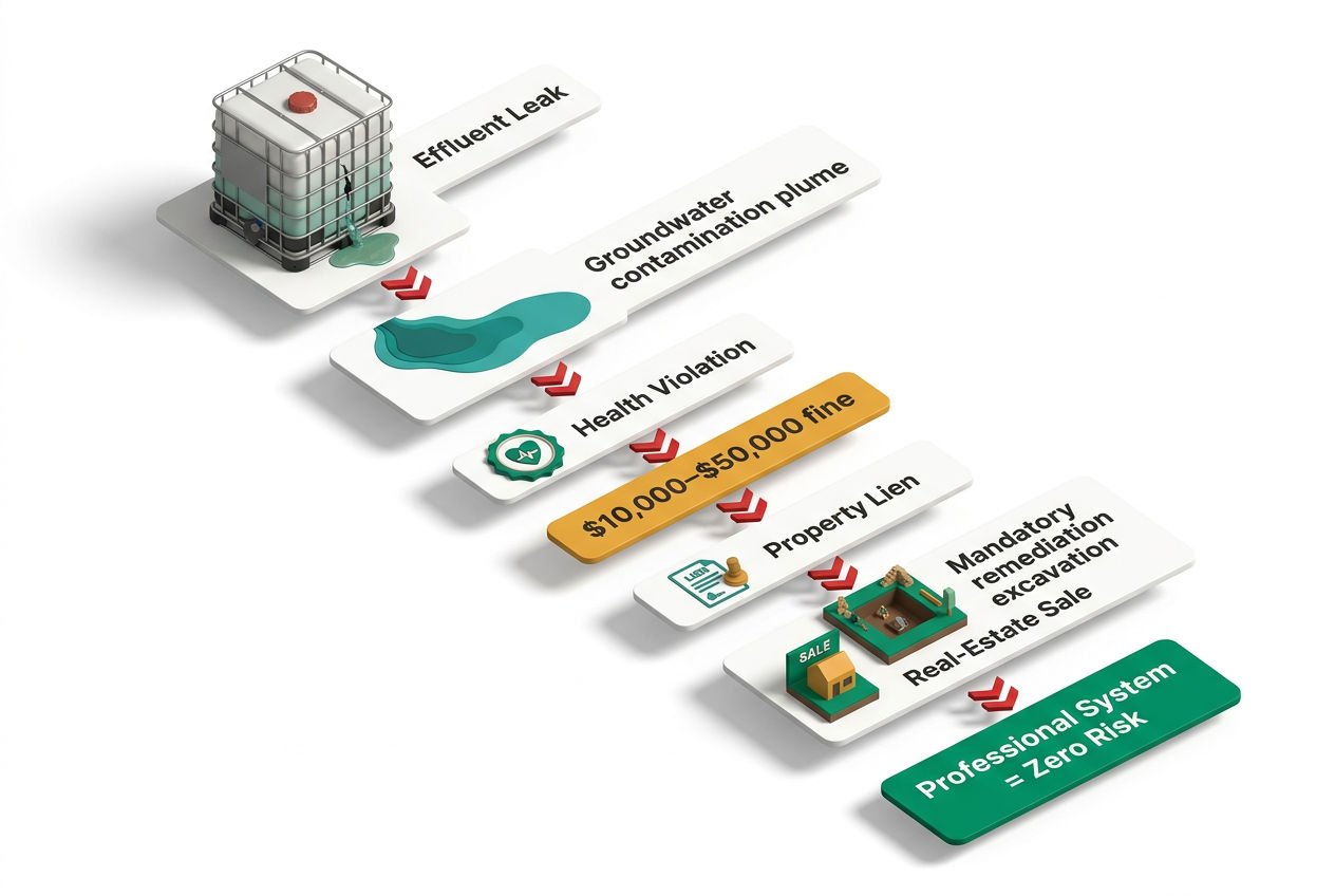 Isometric cascade diagram showing IBC tote failure leading to groundwater contamination, government fines, property lien, and costly remediation.