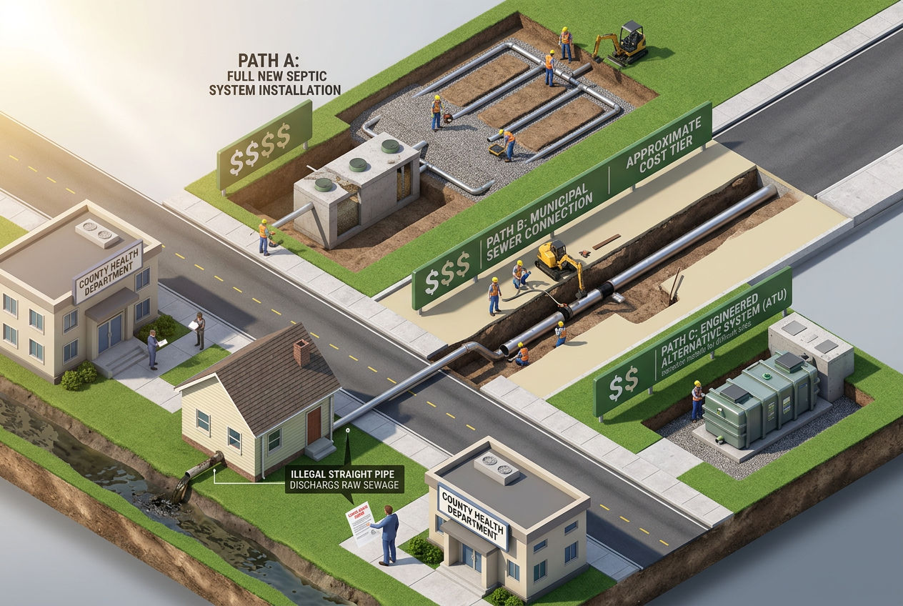 3D scene showing three remediation paths from illegal septic: new system installation, sewer connection, or alternative system