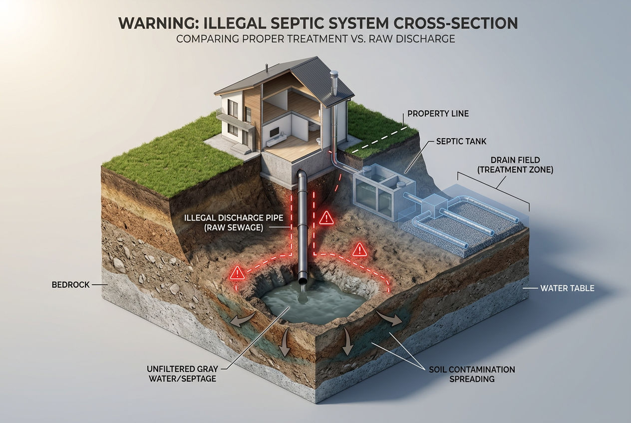 3D cutaway showing an illegal straight pipe sewage discharge compared to a proper septic system outline