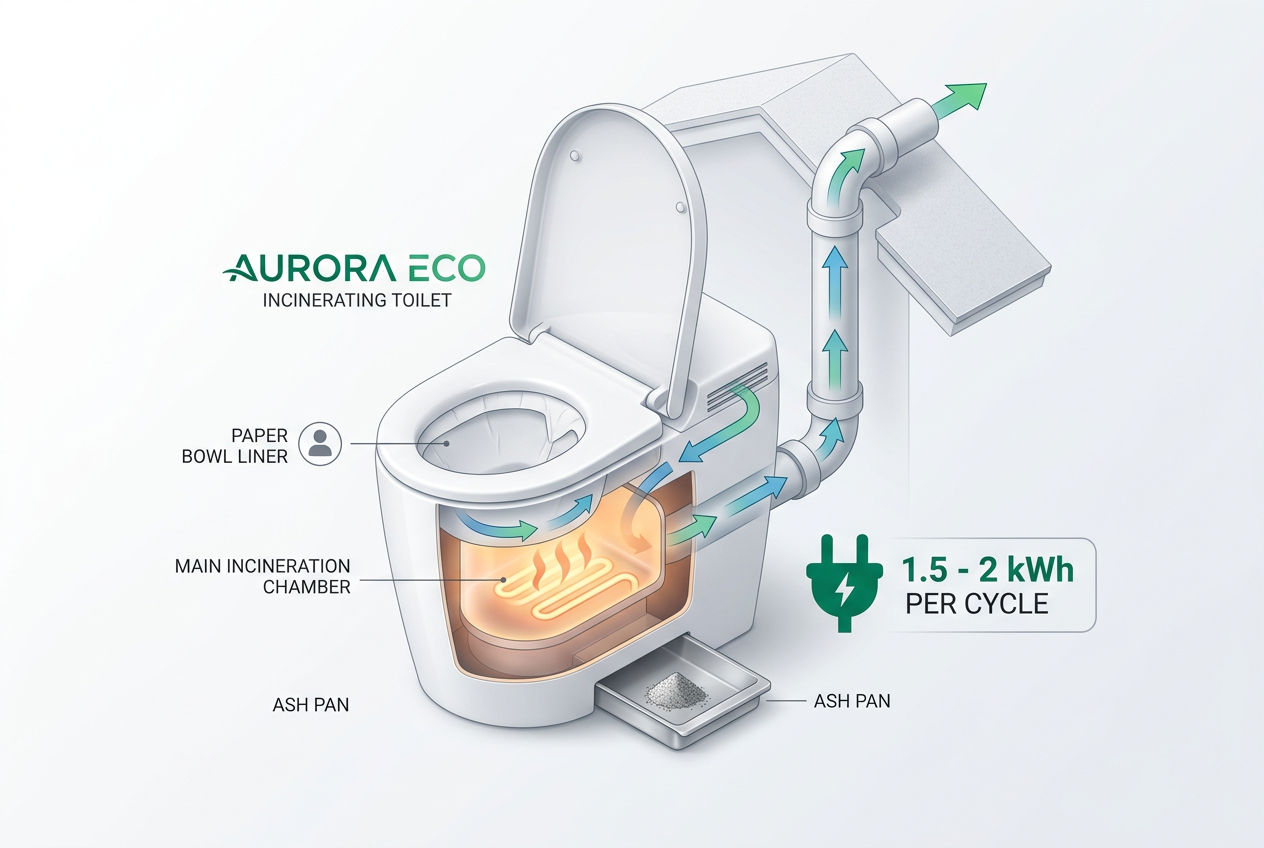 3D cutaway showing how an incinerating toilet burns waste to sterile ash
