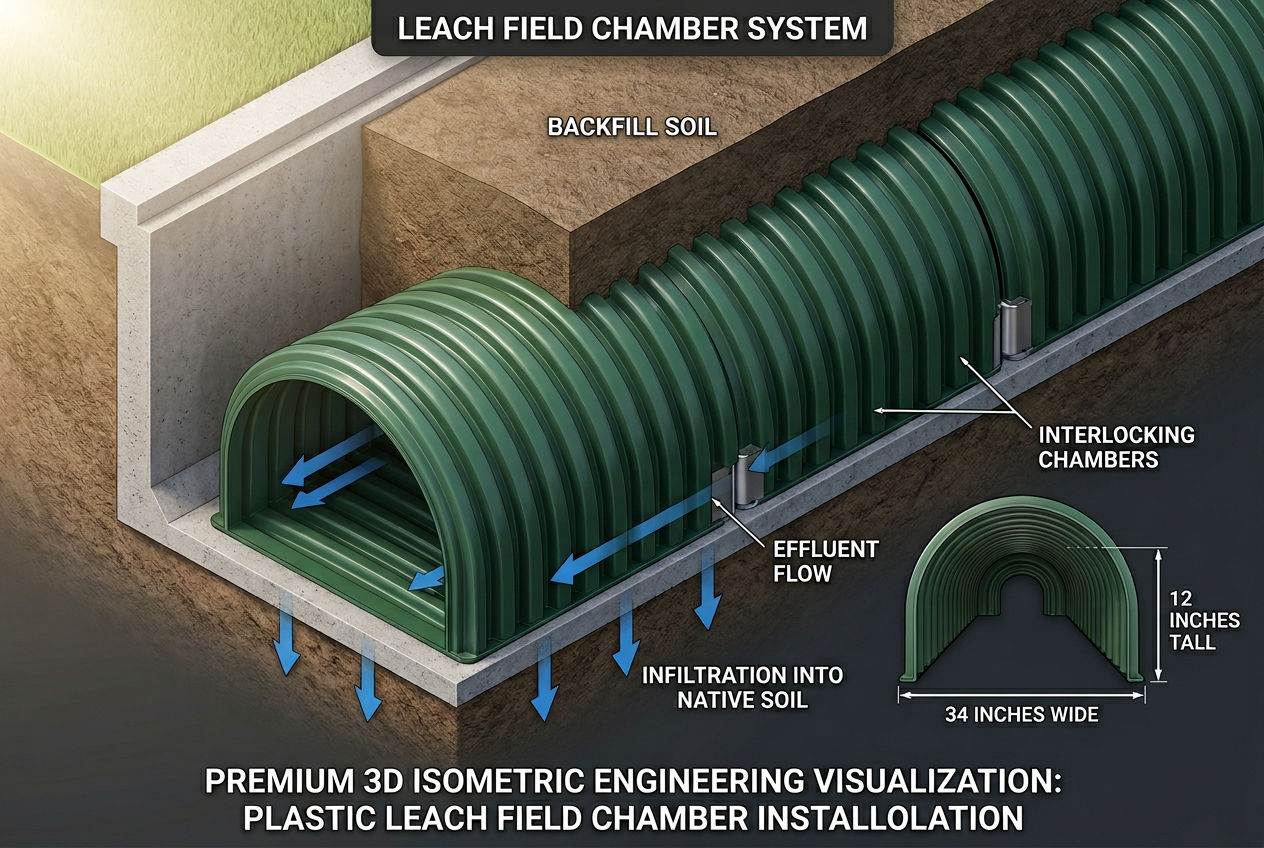 Cutaway diagram of Infiltrator plastic chamber gravelless leach field system showing arched chamber on trench floor with effluent flow