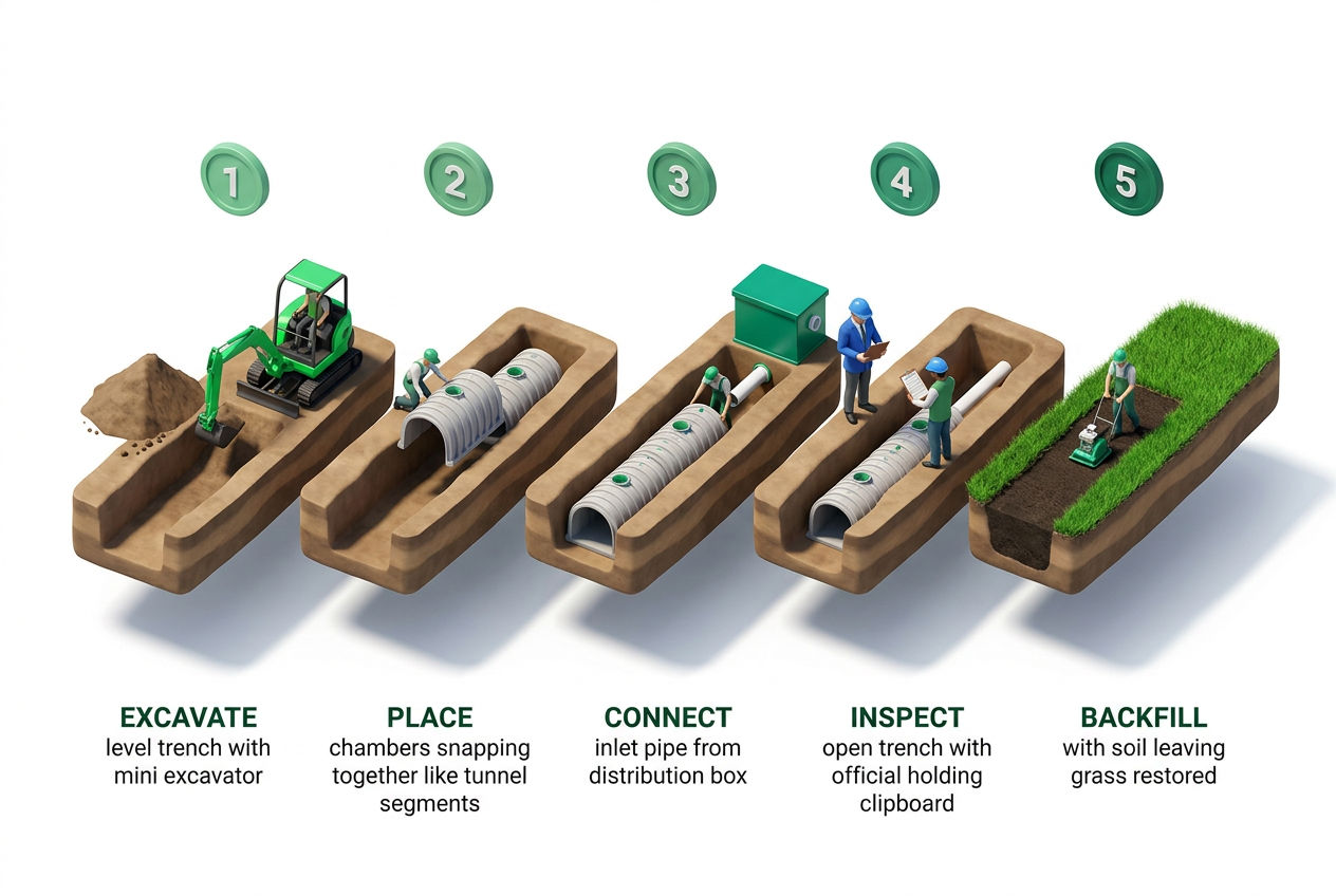 3D step-by-step sequence of an Infiltrator chamber drain field installation