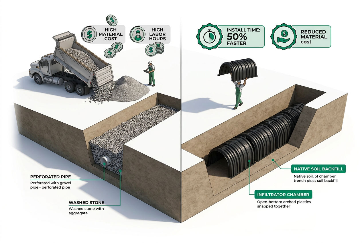 3D cutaway comparing Infiltrator chamber trenches with traditional gravel drain fields