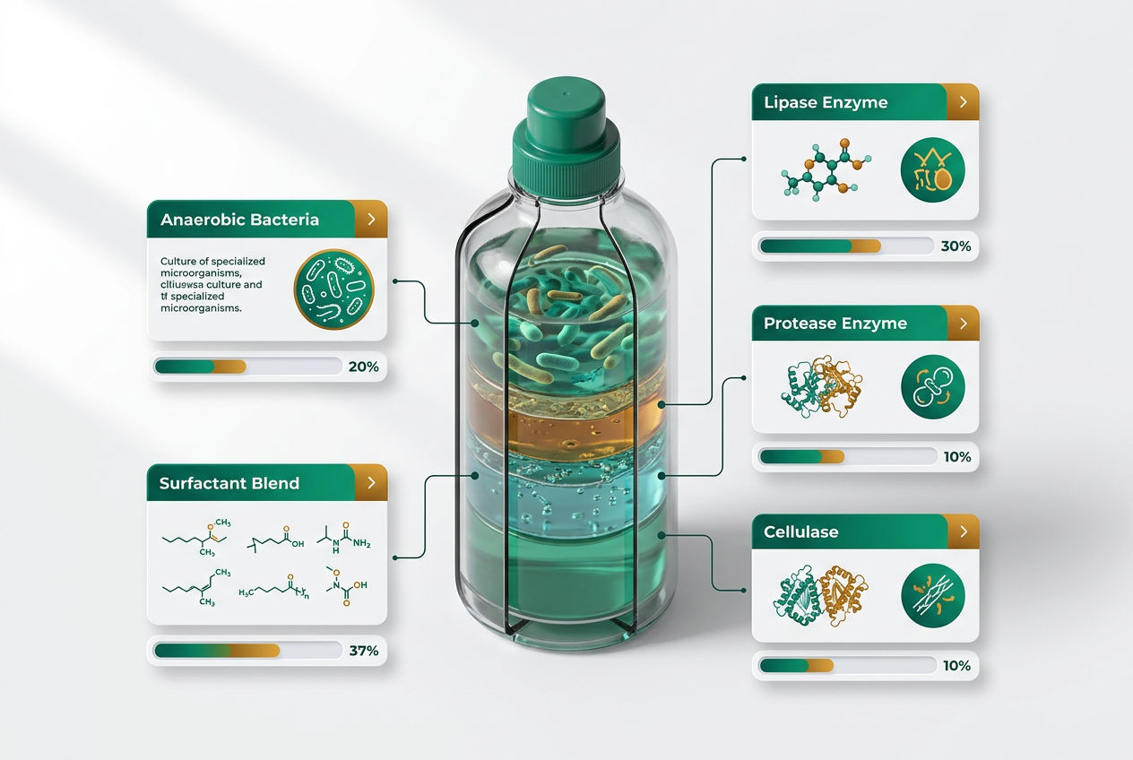 3D isometric infographic showing septic shock bottle ingredients: bacteria strains, enzymes, and surfactants with labeled floating cards.