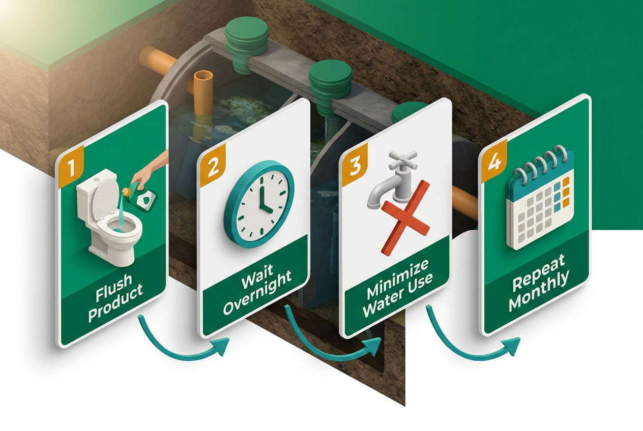 Isometric 4-step flow diagram showing how to apply Instant Power Septic Shock: flush, wait, avoid water, repeat cycle.