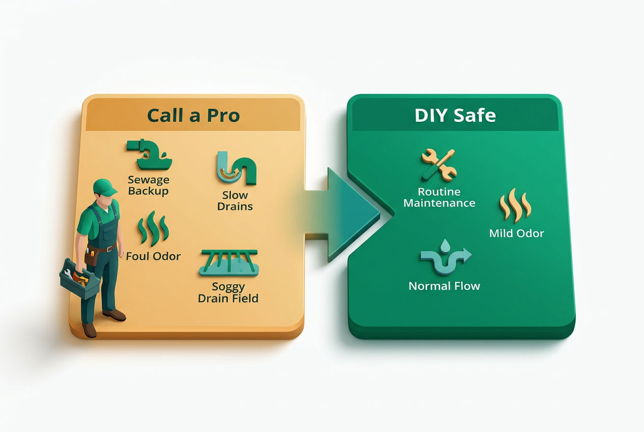 Isometric decision-flow infographic showing warning signs requiring a professional septic technician versus safe DIY treatment scenarios.
