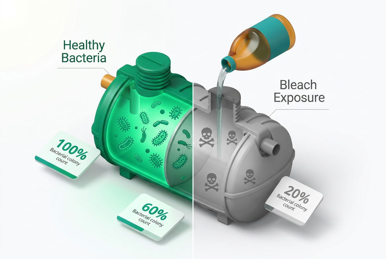 3D cutaway of septic tank showing healthy bacteria colonies vs bleach-damaged zones with color-coded bacterial health indicators.