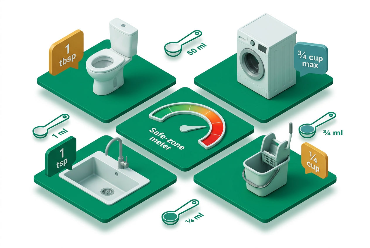 Isometric dosage guide comparing safe bleach amounts for laundry, toilet, kitchen, and disinfecting with measurement icons and safe-zone indicators.