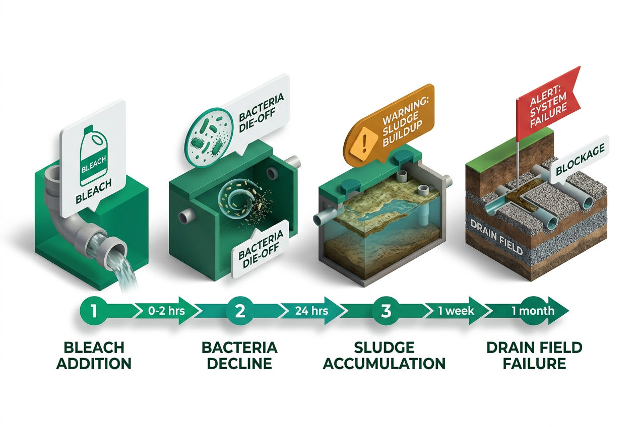 Step-flow diagram showing 4 stages of septic system damage from bleach overuse, from drain entry to tank failure with warning indicators.