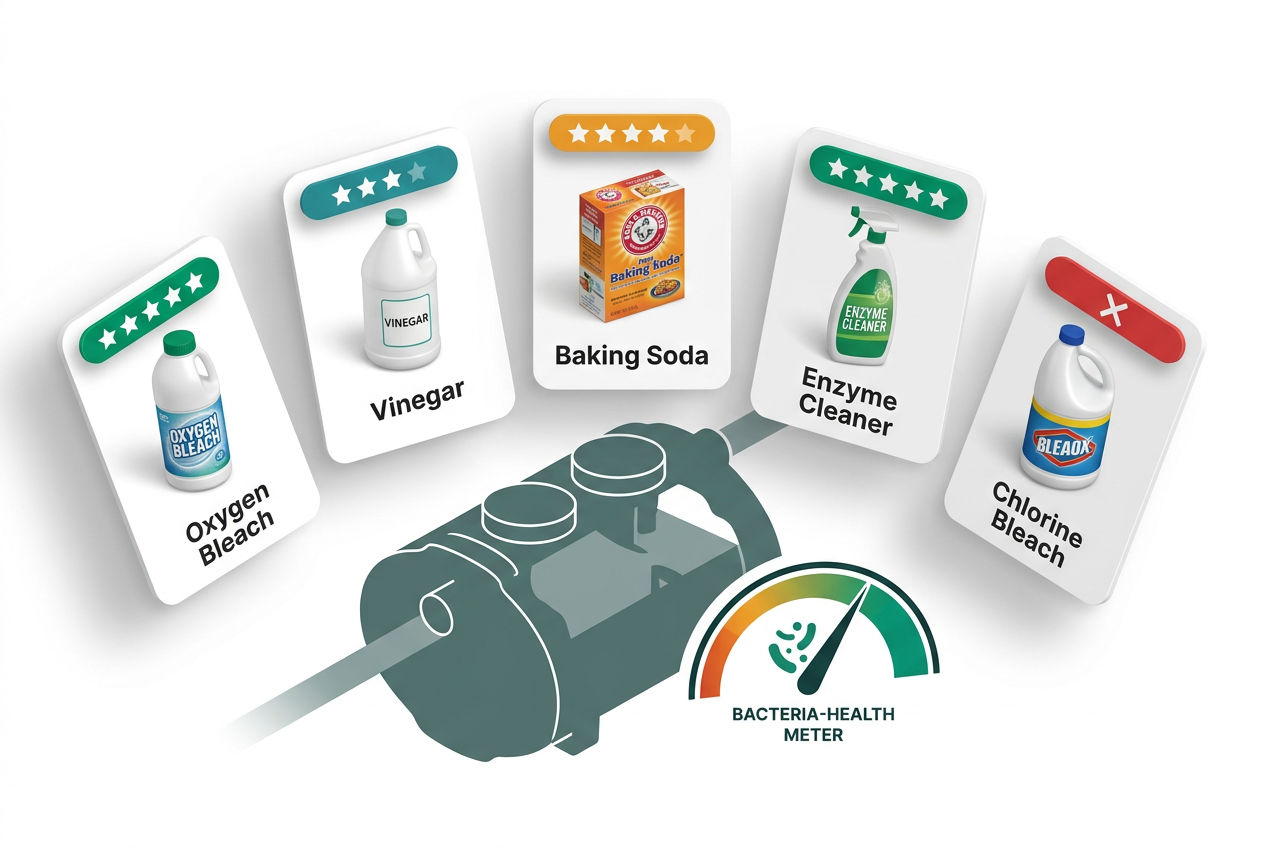 Isometric comparison cards of septic-safe cleaning alternatives including oxygen bleach, vinegar, baking soda, and enzyme cleaners with safety ratings