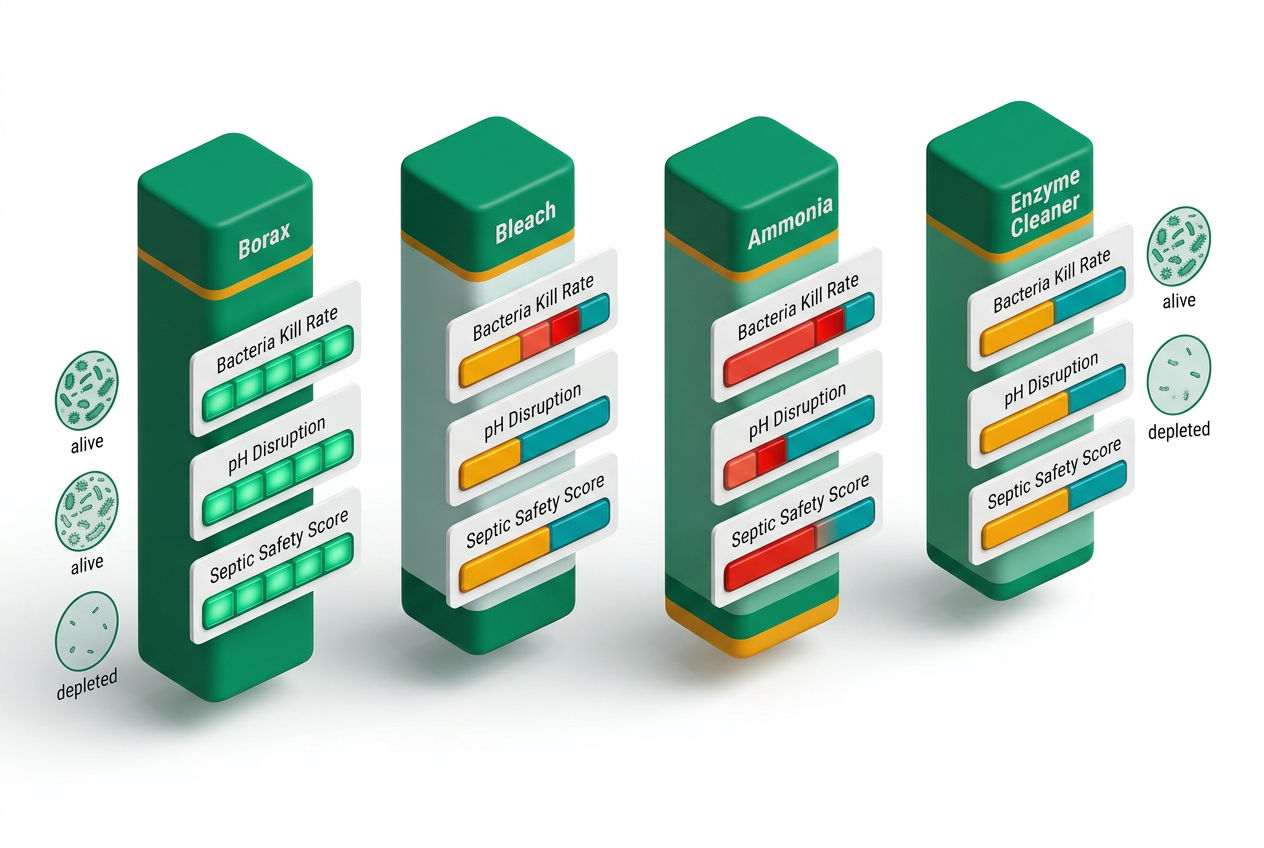 Isometric comparison chart ranking borax, bleach, ammonia, and enzyme cleaners on bacteria harm, pH impact, and septic safety scores.