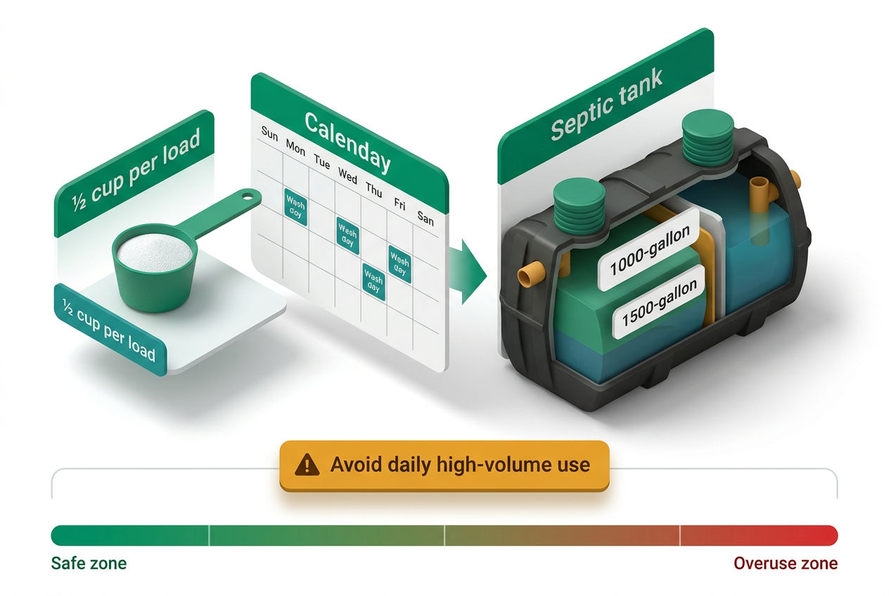 3D isometric step-flow showing safe borax quantities per load, weekly usage limits, and tank size thresholds with measurement icons.