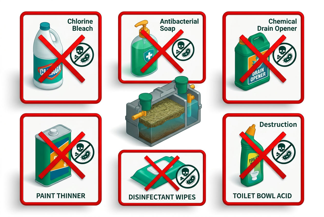 Isometric danger panel displaying antibacterial soaps, drain openers, chlorine bleach, and solvents as prohibited septic system products.