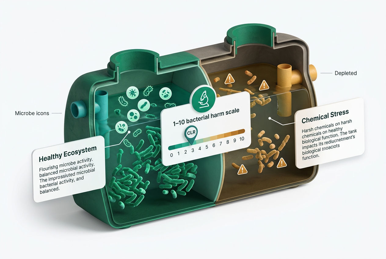 3D isometric cutaway of septic tank showing healthy bacteria colonies vs. damaged ones after chemical exposure, with impact scale.