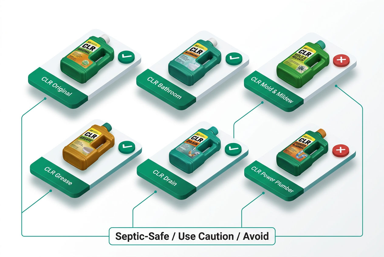 Isometric product grid comparing CLR variants with green safe badges and red warning badges indicating septic compatibility.