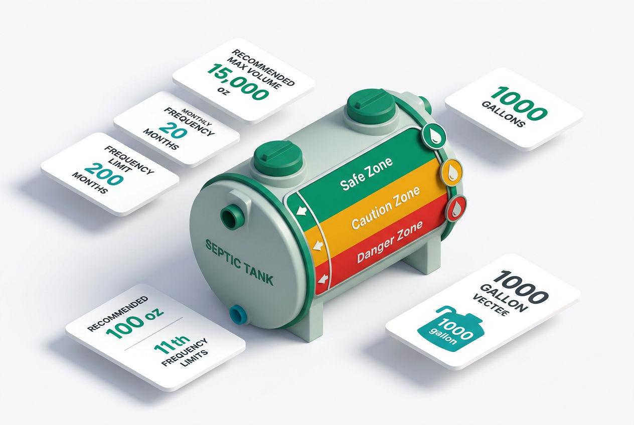 Isometric infographic showing CLR dosage thresholds with a graduated tank gauge and safe-use quantity floating callout cards.