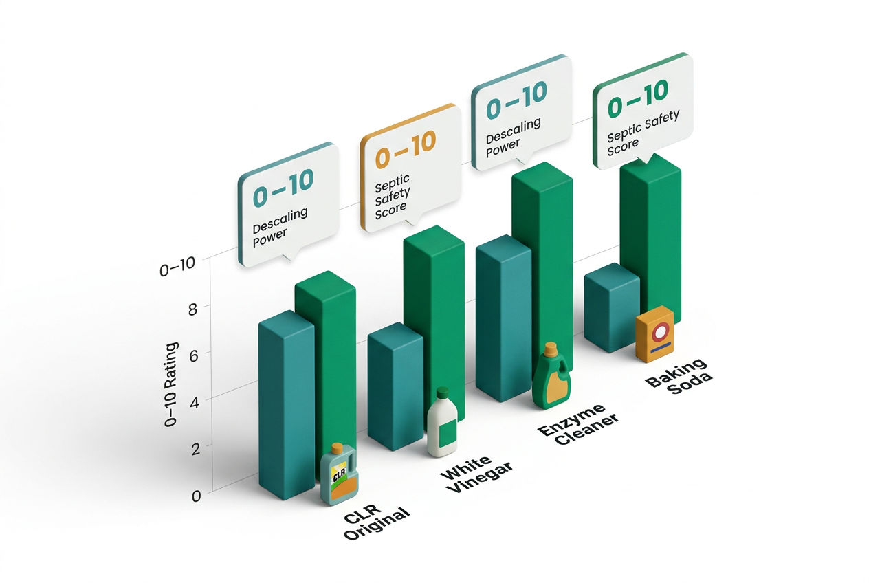 3D isometric bar chart comparing CLR against vinegar, enzyme cleaners, and baking soda on descaling power and septic safety scores.