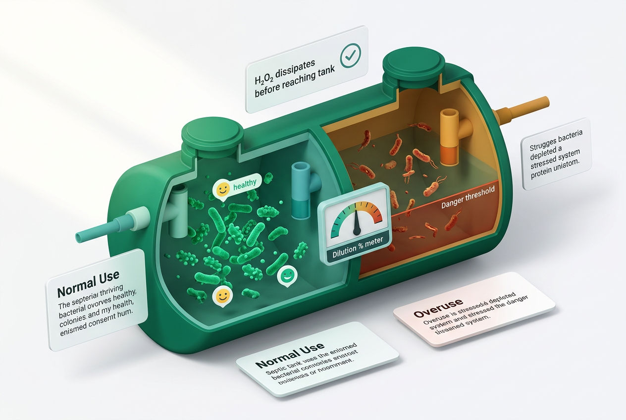 Isometric septic tank cutaway comparing bacterial colony health with low vs high OxiClean doses, with safe and danger zone indicators.